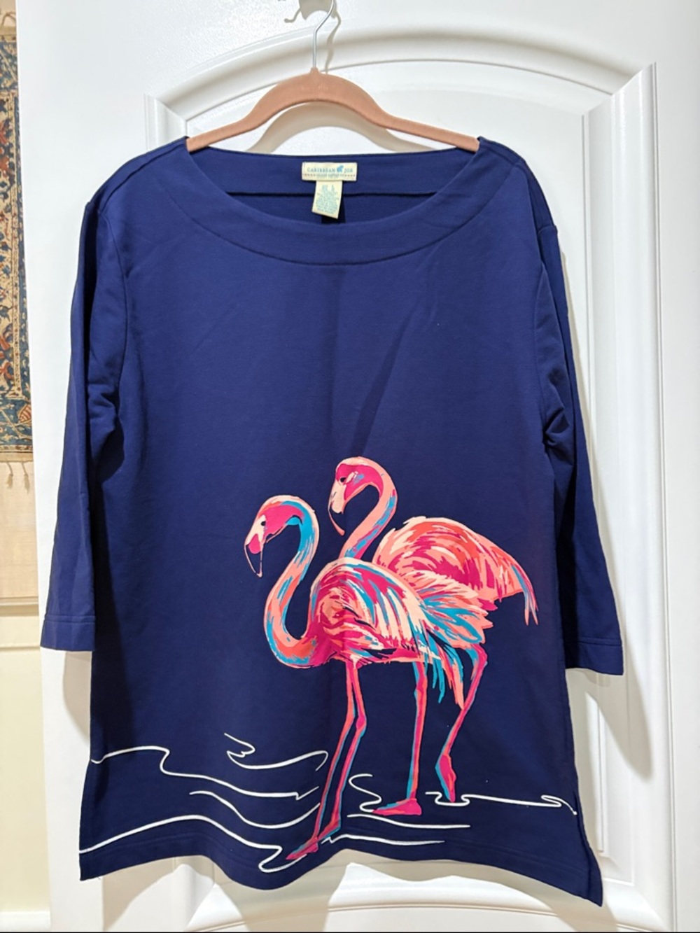 Caribbean Joe Navy Top with Pink & Teal Flamingo Print - Picture 7 of 14
